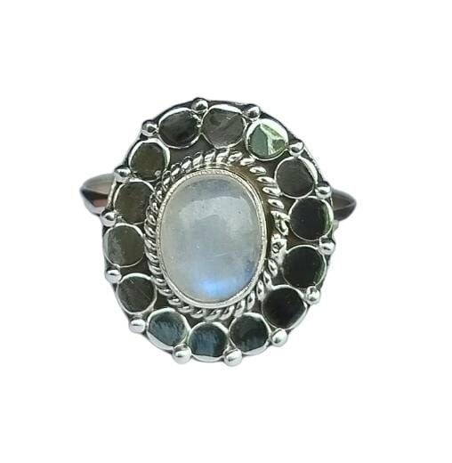 Bague en argent 925 avec véritable pierre de lune arc-en-ciel flashy Flower Design