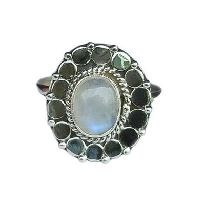 Flower Design Real Flashy Rainbow Moonstone 925 Silver Ring