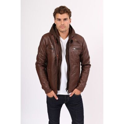 Leather jacket with integrated hood STEVE