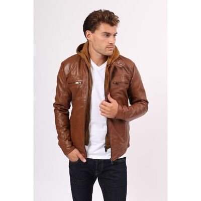 Leather jacket with integrated hood STEVE