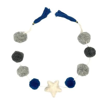 sustainable garland pom pom with star - blue/grey - L 75cm - 100% soft wool - handmade in Nepal