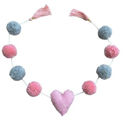 sustainable garland pom pom with heart - pink/grey - L 75cm - 100% soft wool - handmade in Nepal