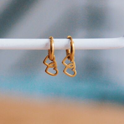 Stainless steel earrings with double heart - gold