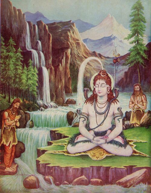 Vintage Hindu Print - Shiva at the waterfall