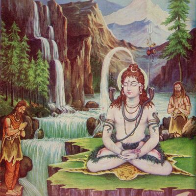 Vintage Hindu Print - Shiva at the waterfall