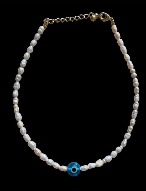 Blue hamsa and pearl anklet bracelet