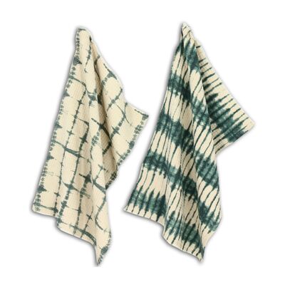 SET OF 2 COTTON KITCHEN TOWELS HONEYCOMB PRINTED CELADON GREEN 40X60CM ASSORTED DECORATIONS PAOLO
