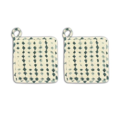 LOT DE 2 MANIQUES EN COTON IMPRIMÉ VERT CÉLADON 20X20CM EGITO