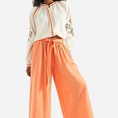 Pantalones de mujer naranja cintura alta elástica y piernas anchas