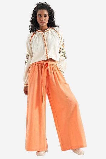 Pantalon femme orange taille haute élastique et jambes larges 1