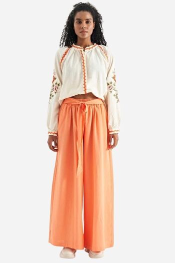 Pantalon femme orange taille haute élastique et jambes larges 2