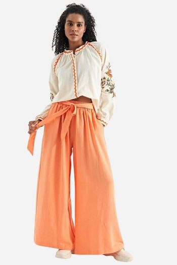 Pantalon femme orange taille haute élastique et jambes larges 6