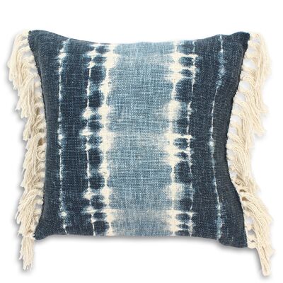 SEA BLUE PRINTED COTTON CUSHION WITH OFF-WHITE FRINGES 45X45CM ARCO
