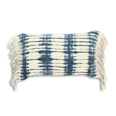 BELO SEA BLUE PRINTED COTTON CUSHION WITH ECRU FRINGES 30X50CM