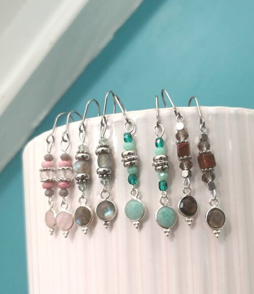 3 paires de boucles d'oreilles pendantes argentées en pierre fine et cristal | boucles d'oreilles labradorite | quartz rose | amazonite