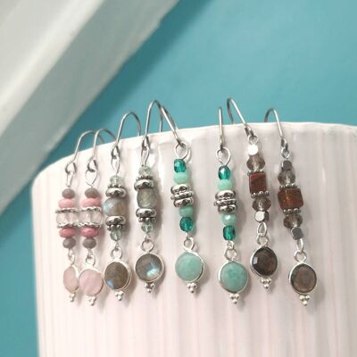 3 paires de boucles d'oreilles pendantes argentées en pierre fine et cristal | boucles d'oreilles labradorite | quartz rose | amazonite