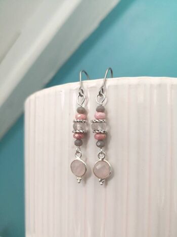 3 paires de boucles d'oreilles pendantes argentées en pierre fine et cristal | boucles d'oreilles labradorite | quartz rose | amazonite 3