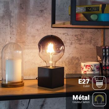 Lampe à poser cube en métal noir, compatible culot E27, IP20, 60W puissance max 3