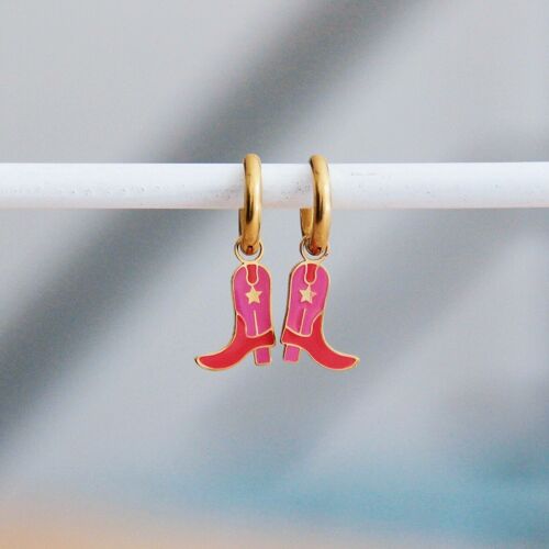 Stainless steel hoop earrings with cowboy boots - red/pink