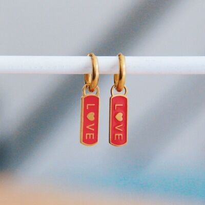 Stainless steel earrings with LOVE tag - red/gold