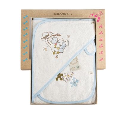 Poncho para bebé de algodón orgánico Gus, azul sobre blanco | En una caja de regalo