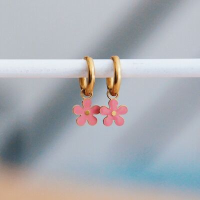 Stainless steel earrings with flower - pink/gold