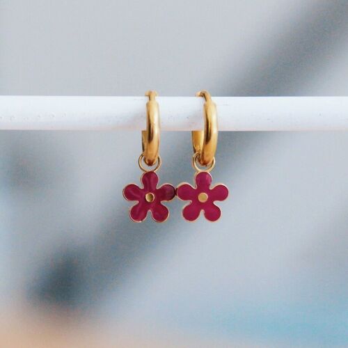 Stainless steel earrings with flower - aubergine/ gold