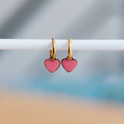 Stainless steel earrings with heart - pink / gold
