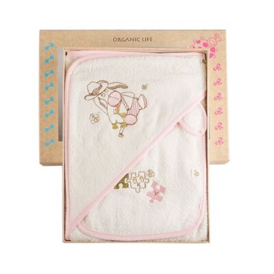 Poncho para bebé de algodón orgánico Gus, rosa sobre blanco | En una caja de regalo