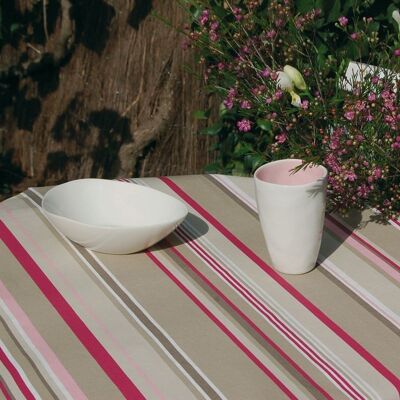 Taupe stripe coated tablecloth