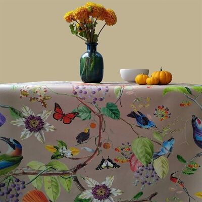 Coated tablecloth Birds taupe