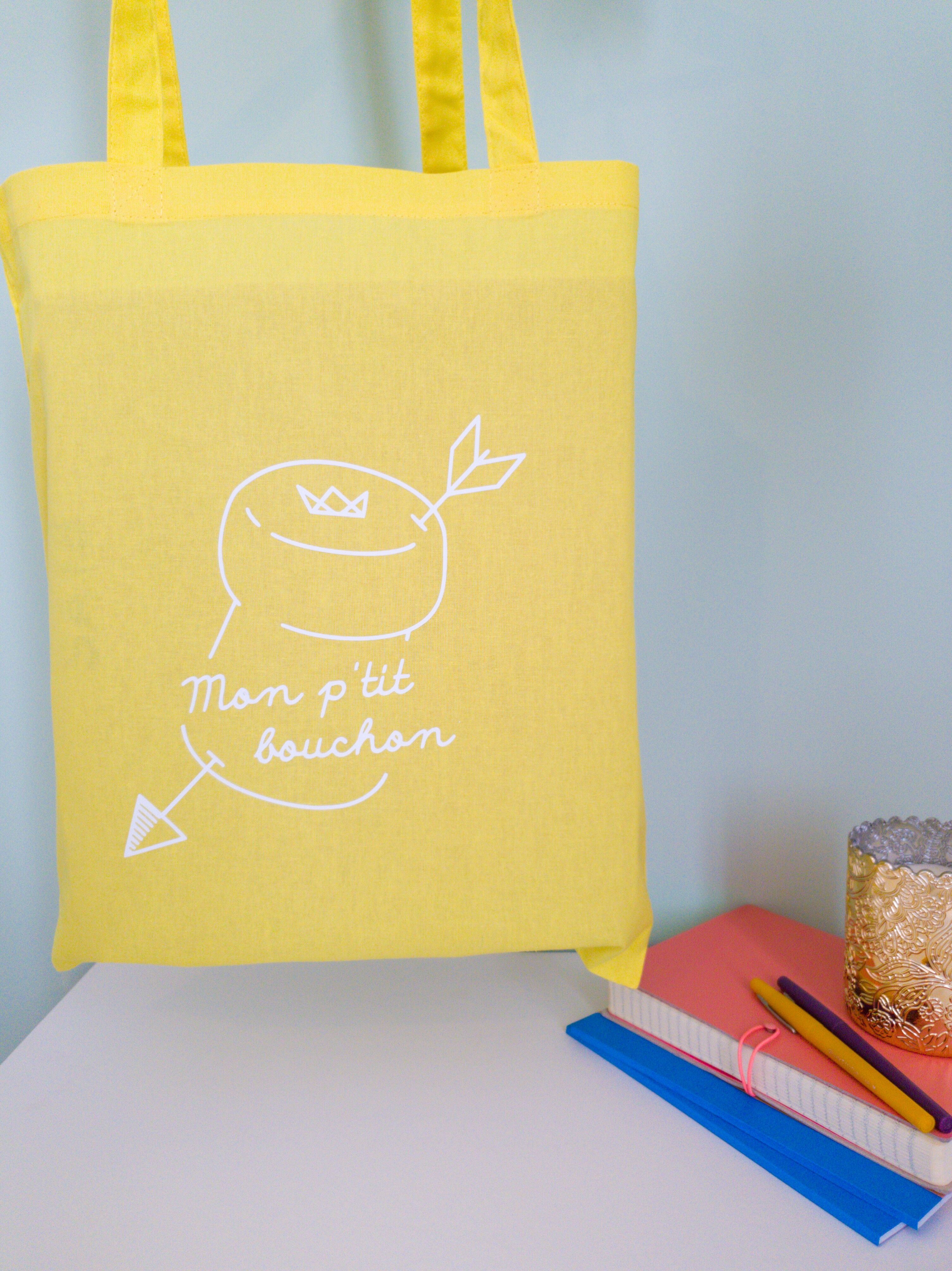 Tote bag "Mon p'tit bouchon" Jaune