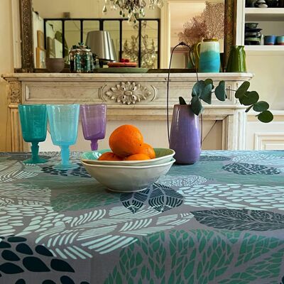 Coated table runner Gray turquoise leaves
