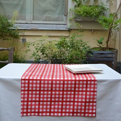 Red gingham coated table runner