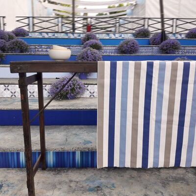 Blue taupe stripes coated table runner