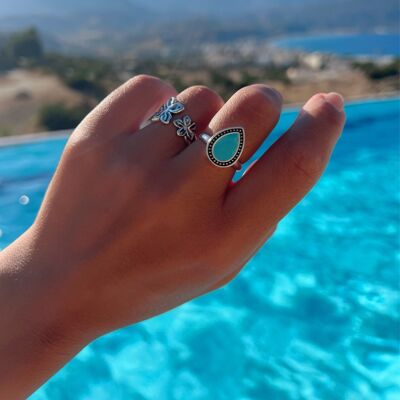 Enamel Blue Ring, Statement Ring, Silver Band Ring, Flower Jewelry, Stackable Ring, Minimal Ring, Gift for Her, Made in Greece