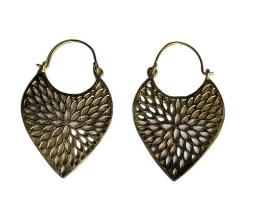 Stylish Leaf Pattern Big Mandala Brass Hoop Charming Earrings.