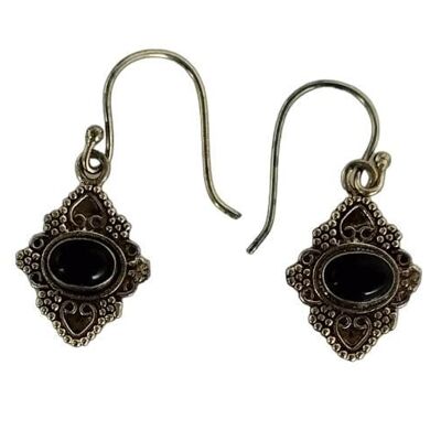 Belles boucles d'oreilles vintage ovales en onyx noir pendantes en laiton