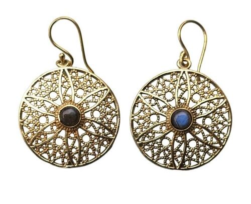 Antique Round Labradorite Dangle Drop Brass Vintage Earrings