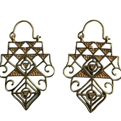 Mandala Pattern Indian Brass Hoop Vintage Earrings