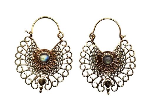 Peacock Brass Hoop Earrings With Natural Labradorite Stone