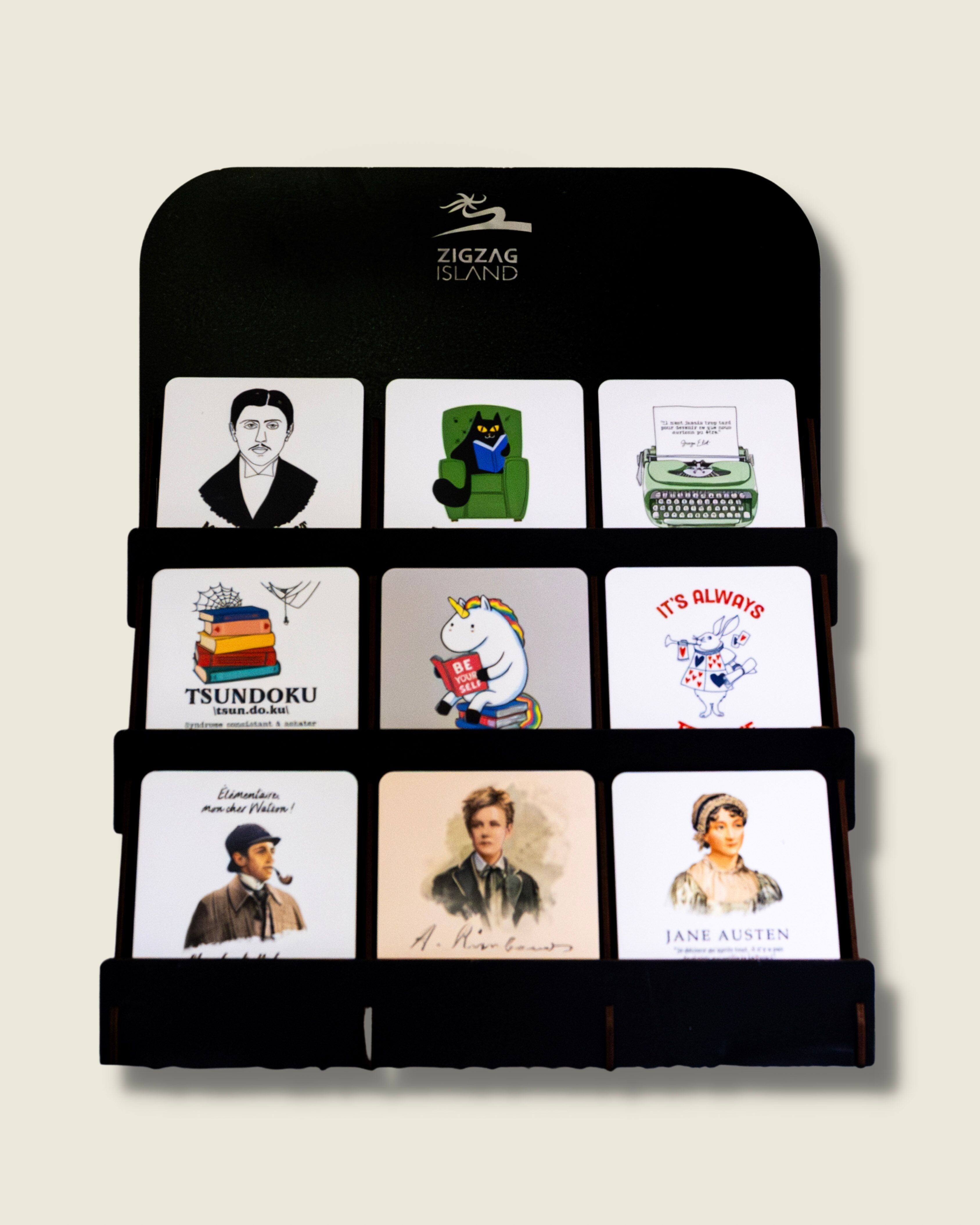 Esposizione di sottobicchieri di birra in legno Intorno alla letteratura (9 riferimenti per 8)