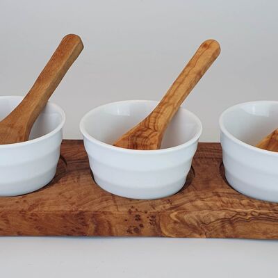 3-piece dip set 2022 with olive wood and small porcelain bowls