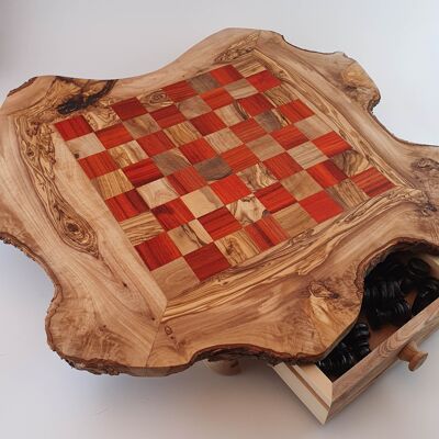 jeu d'échecs rustique avec tiroirs en bois d'olivier d'environ 42 cm x 42 cm