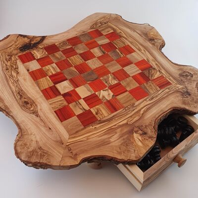 jeu d'échecs rustique avec tiroirs en bois d'olivier d'environ 42 cm x 42 cm