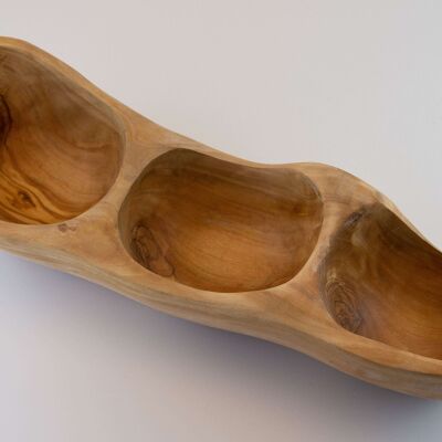 Snack olive wood bowl rustic with 3 compartments (30-35 cm)