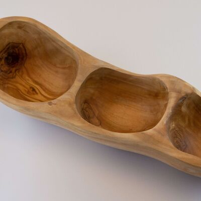Cuenco snack madera de olivo rústico con 3 compartimentos (30-35 cm)