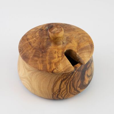 Olive wood sugar bowl with button lid