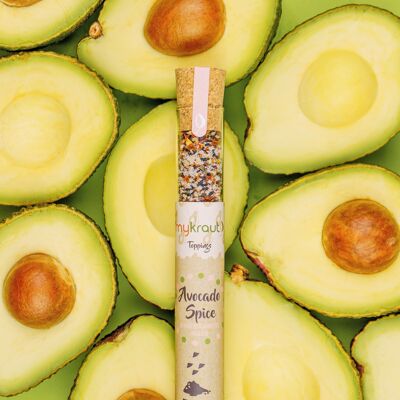 Avocado Spice - Gewürzmischung im Reagenzglas (100% plastikfrei, nachhaltig, dekorativ, Naturprodukt, vegan, Geschenkartikel, Geschenk, Kräuter, Würze, Topping, traditionell, Feinkost, Gourmet, Küche, kochen, backen, Glas)