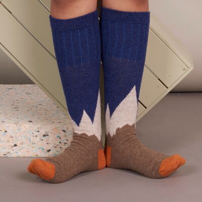 Damen-Stiefelsocken aus Lammwolle – Berge – Marineblau